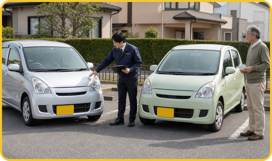 軽自動車と小型車を確認する査定員と年配の所有者