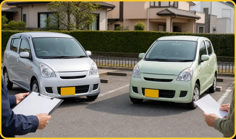 軽自動車と小型車を確認する査定員と年配の所有者