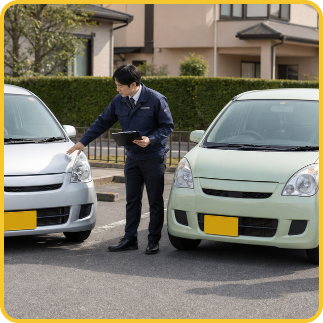 軽自動車の外装を確認する査定員のイメージ