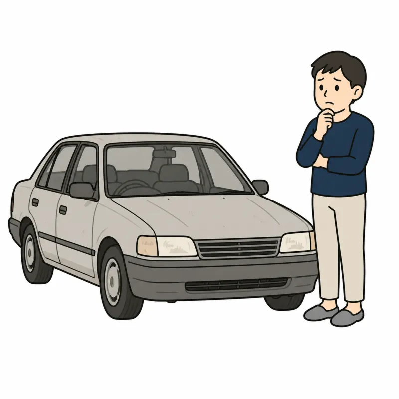 古い車の前で悩む人のイラスト