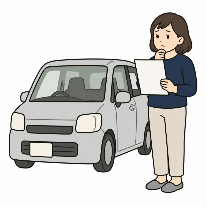 車検証を手に迷う人のイラスト