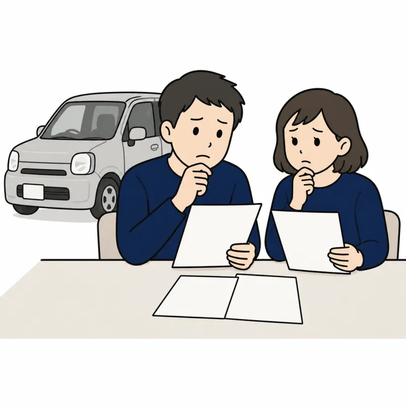 複数の見積書を見比べる夫婦のイラスト
