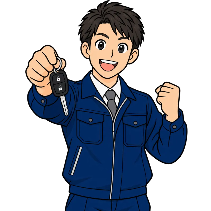車のキーを掲げる査定員のイラスト