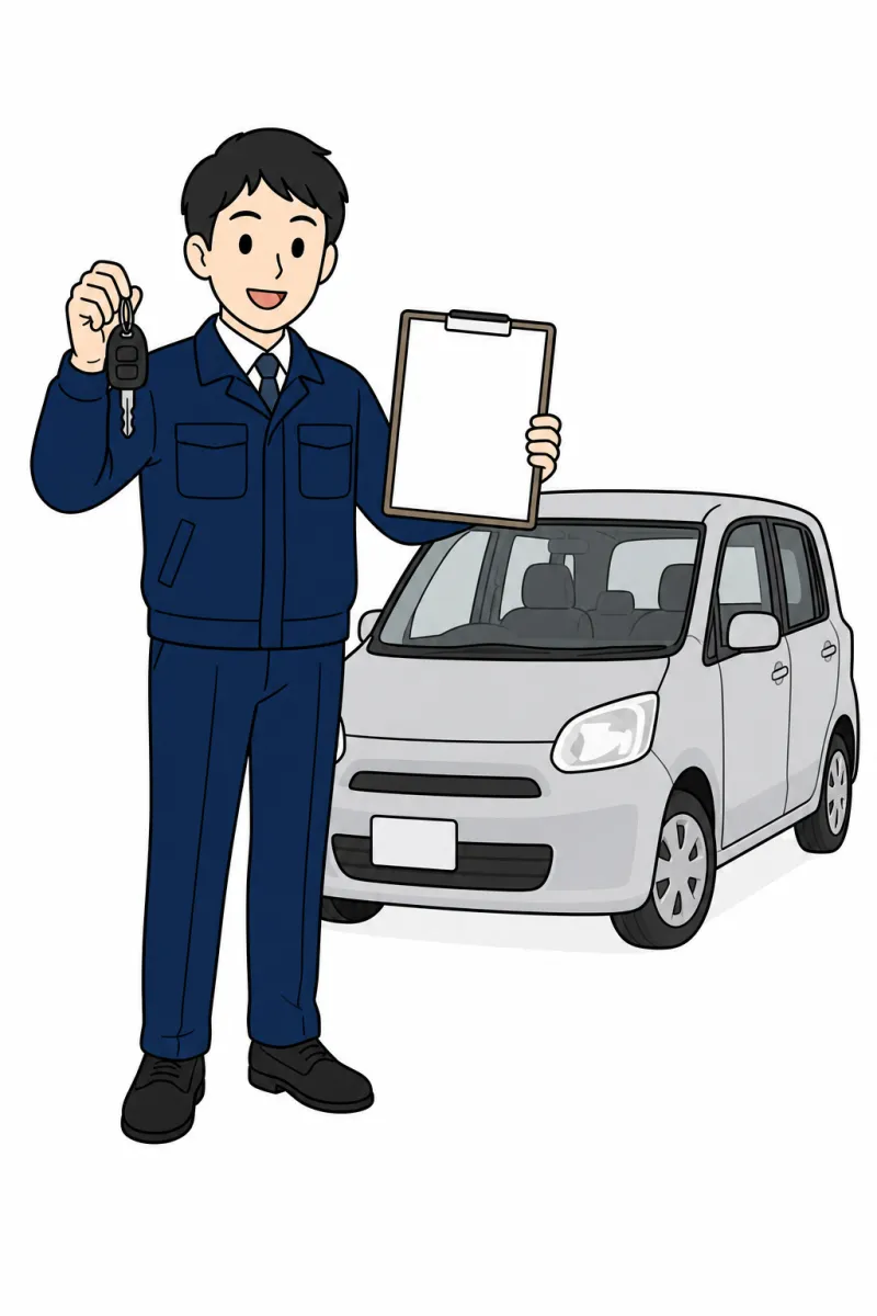 車のキーと査定書を持つ査定員と車のイラスト