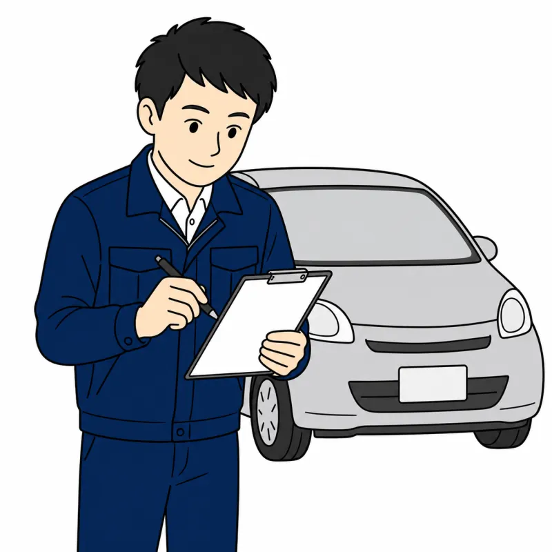 車を見て査定書を書く査定員のイラスト